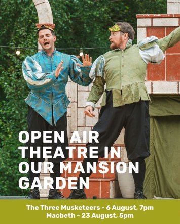 Flyer for 2 events: Open Air Theatre at The Reader: The Three Musketeers on Thursday 6th August 2026, Open Air Theatre at The Reader: Macbeth on Sunday 23rd August 2026