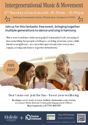 Flyer for 3 events: Intergenerational Music & Movement group on Tuesday 13th October 2026, Intergenerational Music & Movement Group on Tuesday 10th November 2026, Intergenerational Music & Movement on Tuesday 8th December 2026