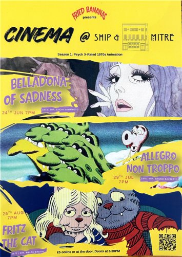 Flyer for 2 events: Allegro Non Troppo, presented by Fried Bananas on Wednesday 29th July 2026, Fritz the Cat, presented by Fried Bananas on Wednesday 26th August 2026