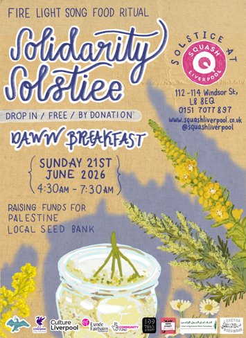 Flyer for Solidarity Solstice Dawn Breakfast on Sunday 21st June 2026