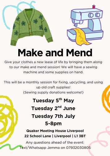 Flyer for Make and Mend on Tuesday 7th July 2026
