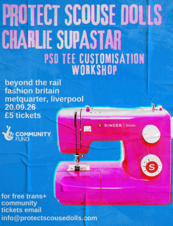 Flyer for Protect scouse dolls tee customisation workshop on Sunday 20th September 2026