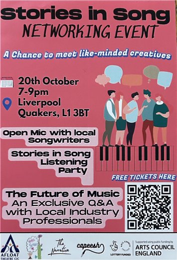 Flyer for Stories in Song - Networking Event for Creatives on Tuesday 20th October 2026