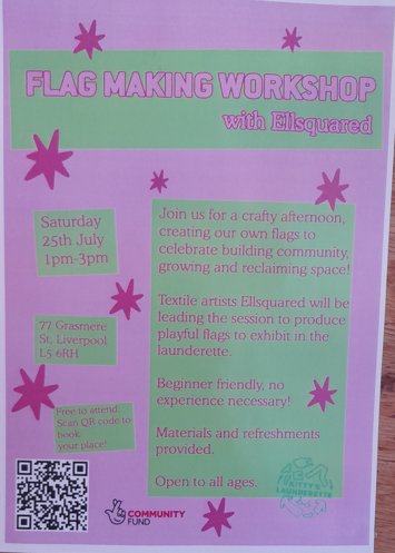 Flyer for Flag making workshop on Saturday 25th July 2026