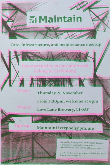 Flyer for Maintain - Care, Infrastructure and Maintenance Meetup on Thursday 26th November 2026