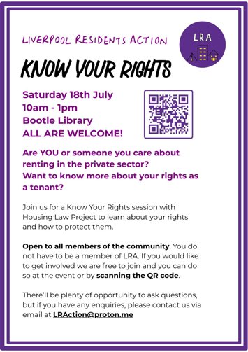 Flyer for Liverpool Residents Action Know Your Rights on Saturday 18th July 2026