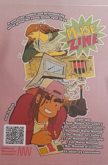 Flyer for zine, comics and printmaking social group on 5 dates