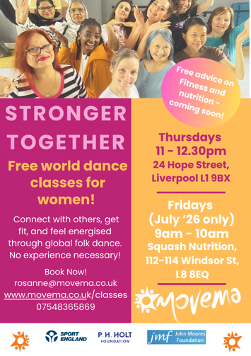 Flyer for Stronger Together, free world dance classes for women on Thursday 30th July 2026