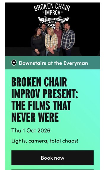 Flyer for Broken Chair Improv Present: The Films That Never Were on Thursday 1st October 2026