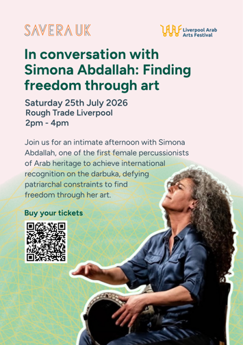 Flyer for In conversation with Simona Abdallah Finding freedom through art on Saturday 25th July 2026