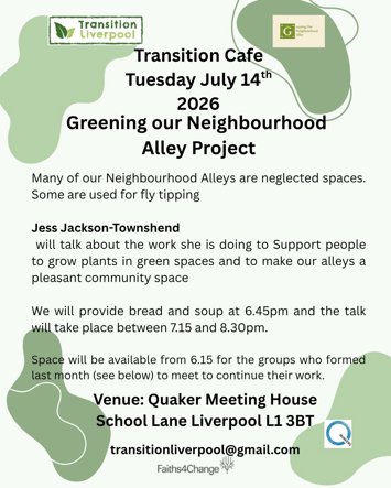 Flyer for Transition Café - Greening our Neighbourhood Alley Project on Tuesday 14th July 2026