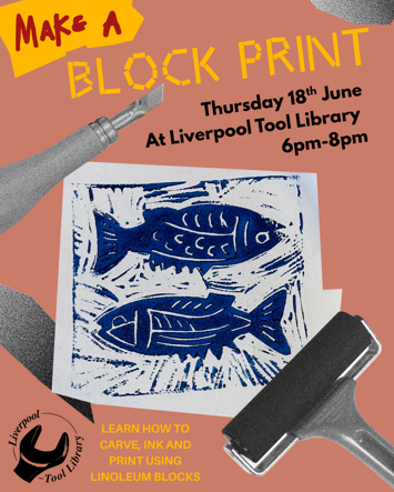 Flyer for Block Print Workshop on Thursday 18th June 2026