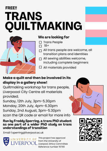 Flyer for Free Trans Quilt Making on Sunday 2nd August 2026