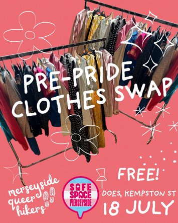 Flyer for Pre-Pride Clothes Swap on Saturday 18th July 2026
