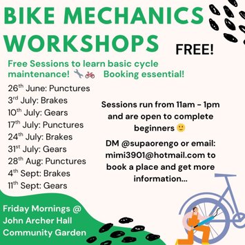 Flyer for Bike Mechanics Workshops on Friday 26th June 2026