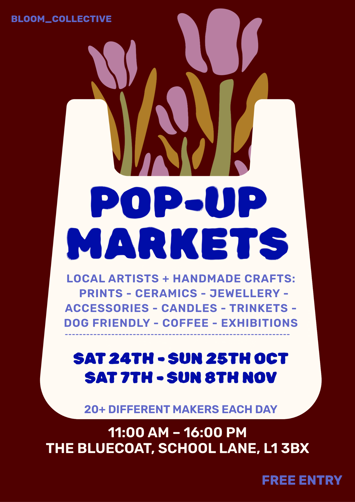 Flyer for Seasonal arts + crafts markets at The Bluecoat on Saturday 24th October 2026