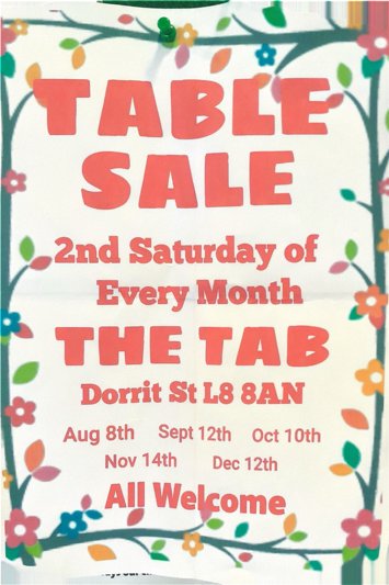 Flyer for Table Sale at Toxteth Tabernacle on 4 dates