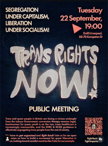Flyer for Trans rights now public meeting on Tuesday 22nd September 2026
