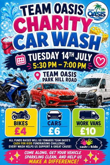 Flyer for Charity car wash on Tuesday 14th July 2026