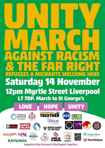 Flyer for Unity March against the far right on Saturday 14th November 2026